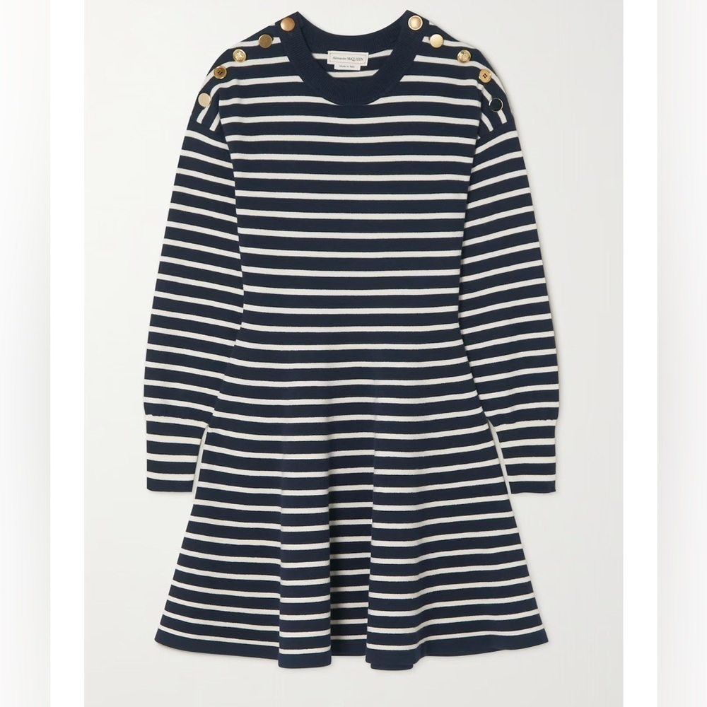 Alexander Mcqueen Striped Button-shoulder Mini Dress Navy & Ivory Breton Cocoon